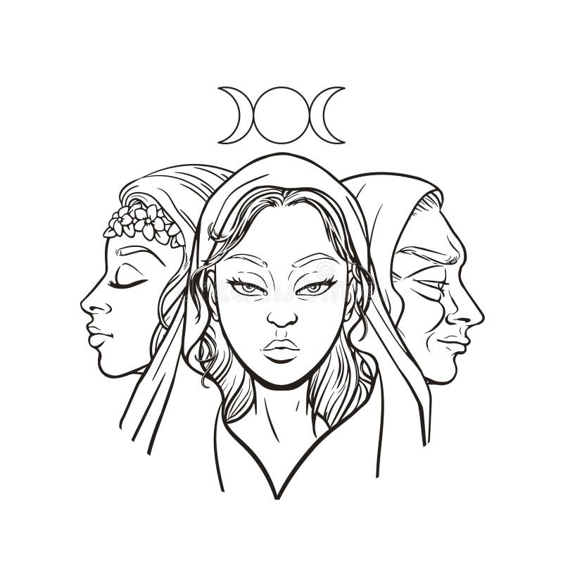 Triple goddess as Maiden, Mother and Crone, beautiful woman, symbol of moon phases. Hekate, mythology, wicca, witchcraft. Vector