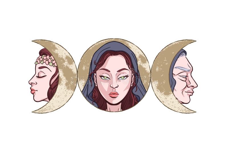 Triple goddess as Maiden, Mother and Crone, beautiful woman, symbol of moon phases. Hekate, mythology, wicca, witchcraft. Vector