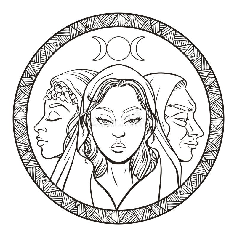 Triple goddess as Maiden, Mother and Crone, beautiful woman, symbol of moon phases. Hekate, mythology, wicca, witchcraft. Vector