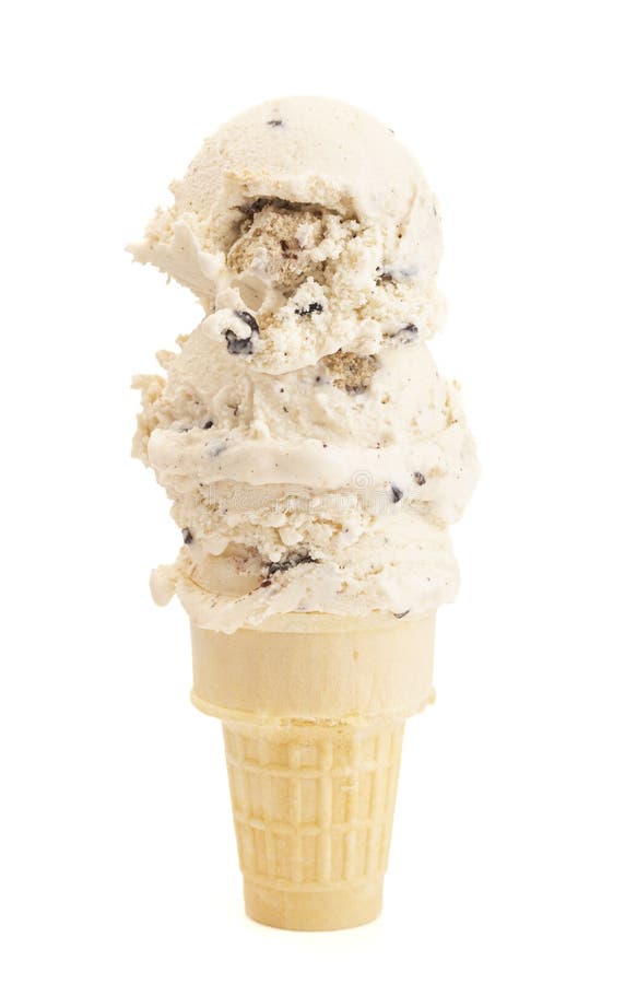 A Triple Scoop of Chocolate Chip Cookie Dough Ice Cream Isolated on a White Background