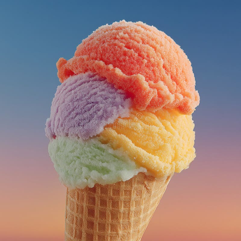 Triple scoop of colorful sherbet in a waffle cone royalty free stock photography