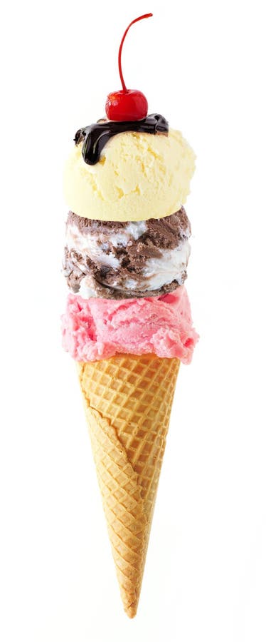 Triple scoop ice cream cone with cherry on top isolated on a white background royalty free stock photography