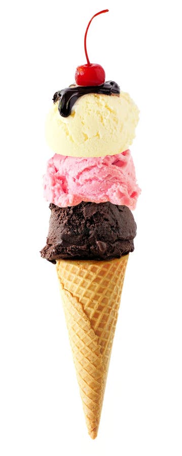 Triple scoop ice cream cone with cherry on top isolated on a white background stock images