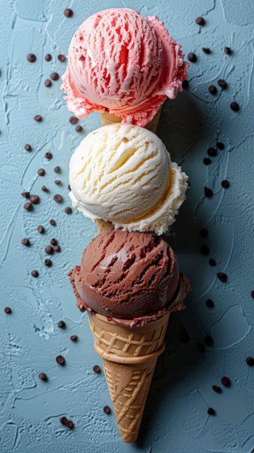 Triple scoop ice cream cone with chocolate, vanilla, and strawberry flavors on a blue background. royalty free stock image