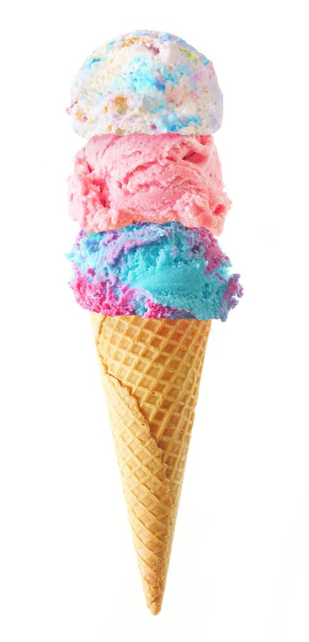 Triple scoop ice cream cone isolated on a white background royalty free stock photo