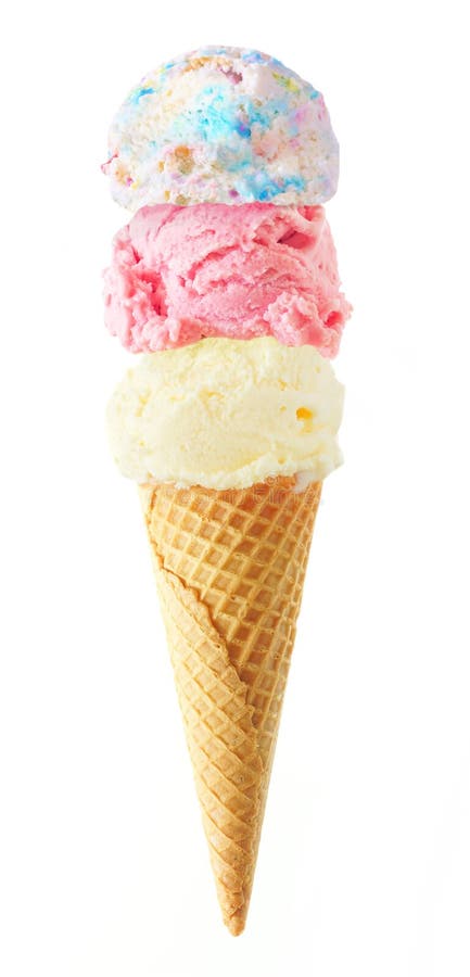 Triple scoop ice cream cone isolated on a white background stock photos