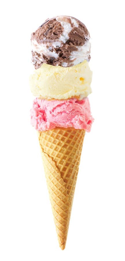 Triple scoop ice cream cone isolated on a white background royalty free stock photos