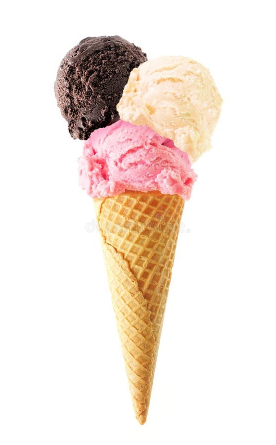 Triple scoop ice cream cone isolated on white with chocolate, vanilla and strawberry flavors royalty free stock images
