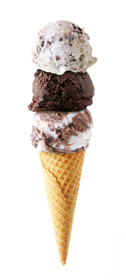 Triple scoop chocolate theme ice cream cone isolated on a white background royalty free stock images