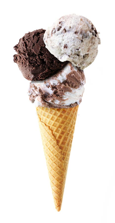 Triple scoop chocolate theme ice cream cone isolated on a white background stock photo