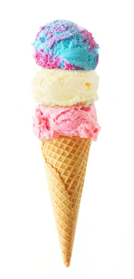 Triple scoop ice cream cone isolated on a white background stock photo