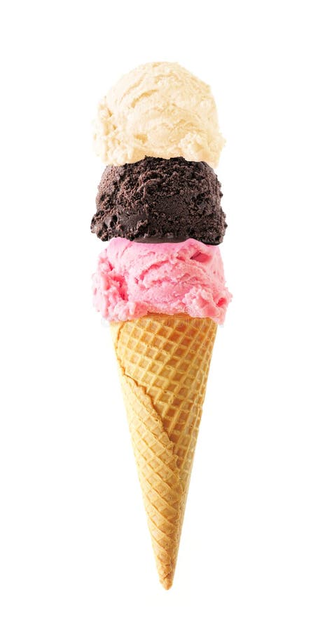 Triple scoop ice cream cone isolated on white, strawberry, chocolate and vanilla flavors royalty free stock images