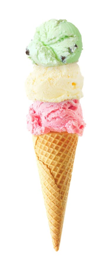 Triple scoop ice cream cone isolated on a white background royalty free stock image