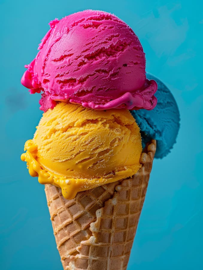 Triple scoop ice cream cone with pink, yellow, and blue scoops. royalty free stock photos