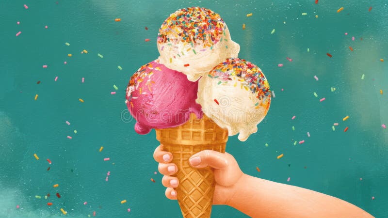 Triple Scoop Ice Cream Cone with Sprinkles with Copy-space stock images