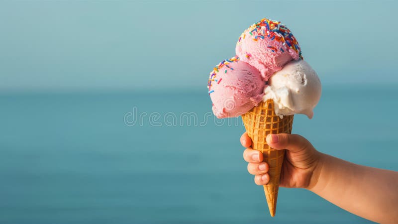 Triple Scoop Ice Cream Cone with Sprinkles by Ocean with Copy-Space stock photos