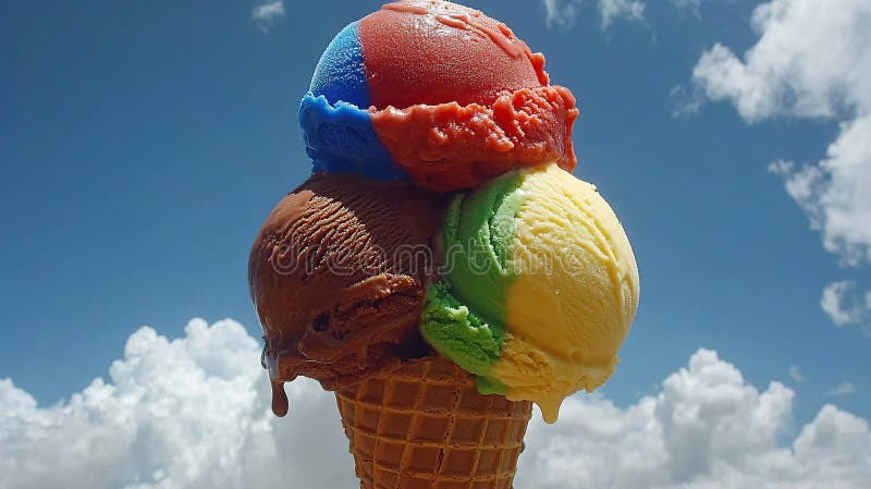 Triple-scoop ice cream cone, sunny sky, melting, summer treat royalty free stock image