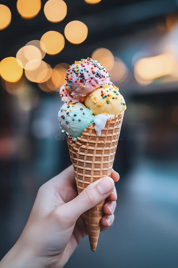 Triple Scoop Ice Cream Cone with Vibrant Flavors on Summer Day stock photo