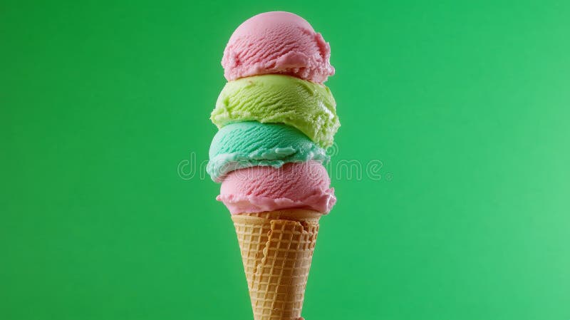 Triple-scoop ice cream cone with vibrant green background royalty free stock image