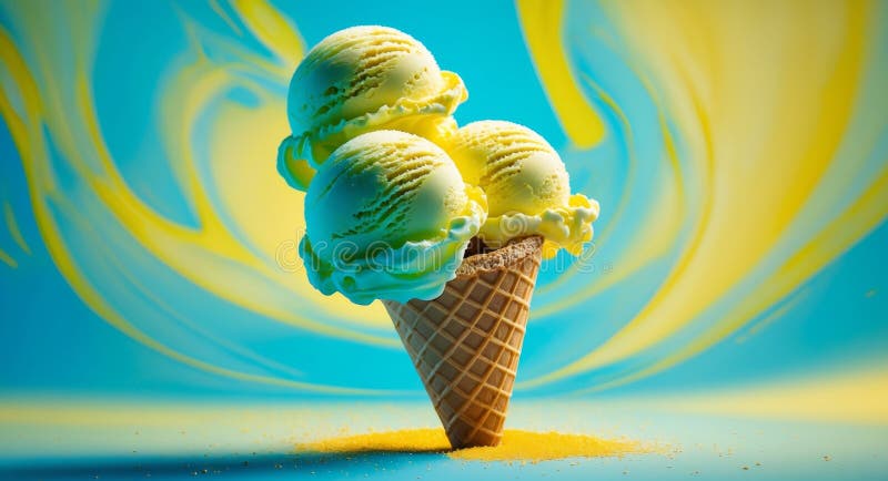 Triple Scoop Ice Cream Cone on a Vibrant Turquoise and Yellow Swirl Background. royalty free stock image