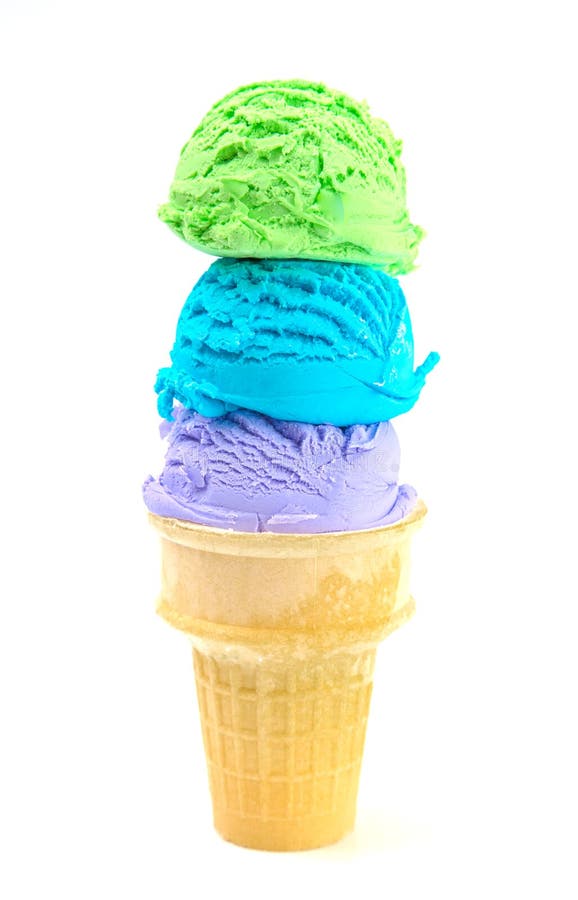 Triple Scoop of Purple Blue and Green Ice Cream stock photos