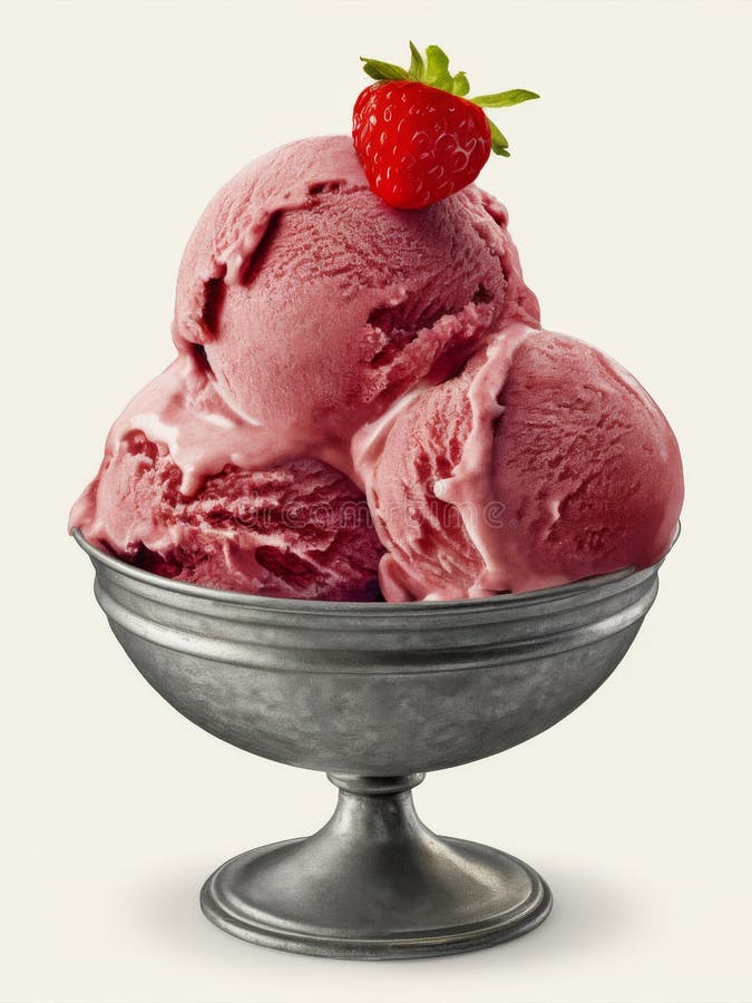 Triple Scoop Strawberry Ice Cream in a Metal Bowl with a Fresh Strawberry Garnish royalty free stock images
