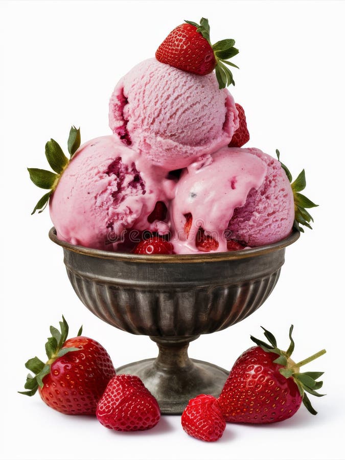 Triple Scoop Strawberry Ice Cream in a Metal Bowl with a Fresh Strawberry Garnish royalty free stock image