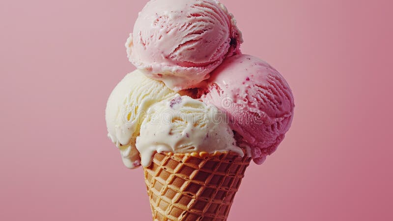 Triple scoop strawberry and vanilla ice cream cone on pink background stock images
