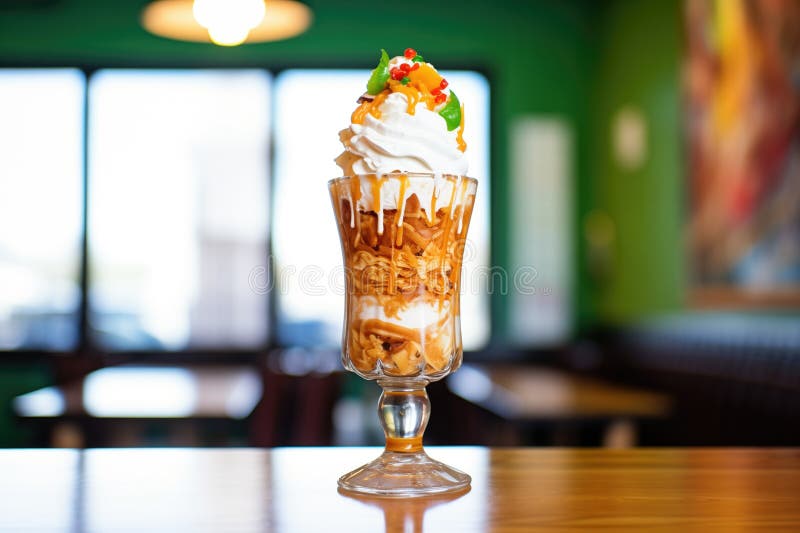 Triple scoop sundae in a tall glass with whipped cream stock image