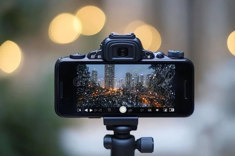 A tripod-supported video camera, shooting a colorful event with a blurred lighting effect in the background, image royalty free stock images