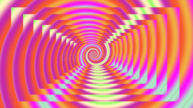 Psychedelic Hypnotizing Funky Vibrant Colorful Abstract Digital Spiral Animation, pink, orange, yellow, and green