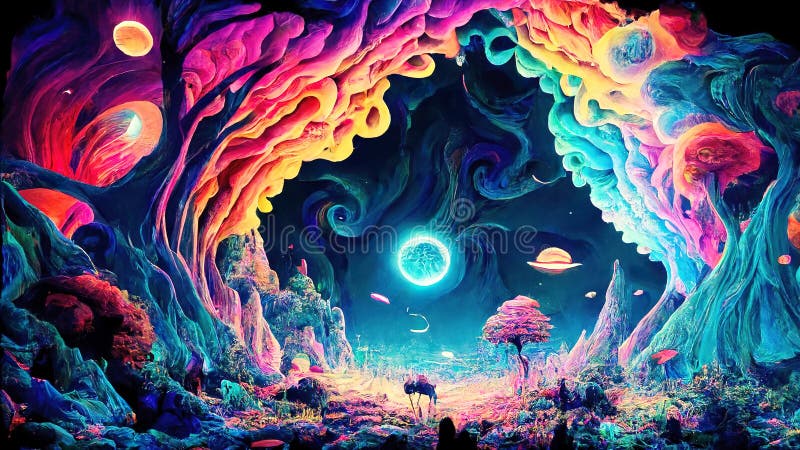 Trippy and psychedelic artwork in Retro hippie style, Generative AI royalty free illustration