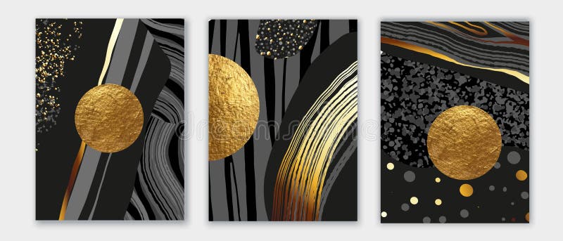 Triptil abstract elegant. compoziția aurului alb-negru. concept planetă spațială. forme cu pietre. stock illustration
