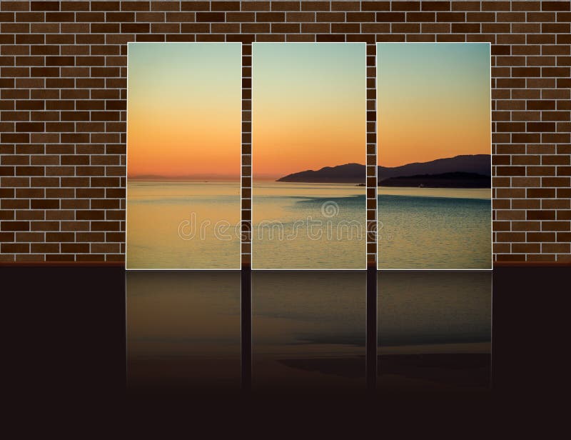 On the floor near the brick wall triptych photo with azure smooth surface of the ocean with yellow glare of the setting sun, black silhouettes of mountains, orange sky in the background. On the floor near the brick wall triptych photo with azure smooth surface of the ocean with yellow glare of the setting sun, black silhouettes of mountains, orange sky in the background