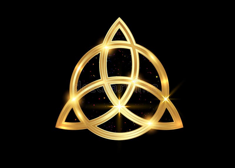 Triquetra geometrisk logotyp Guld trinity knot wiccan symbol för skydd. golden celtic trinity knot set isolerad på svart royaltyfri illustrationer