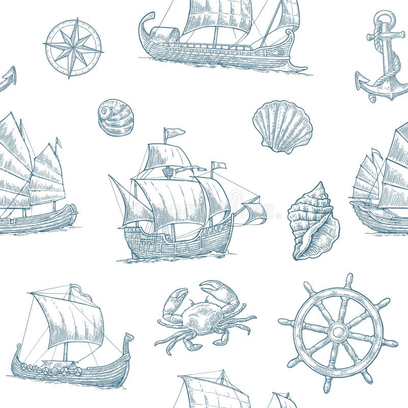 Trireme, caravel, drakkar, junk. Set sailing ships floating sea waves. stock illustration Trireme, caravel, drakkar, junk. Set sailing ships floating sea waves. stock illustration