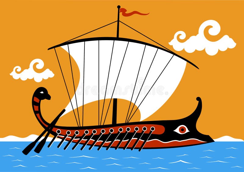 Trirreme grega antiga no mar. Navio grego trirreme a navegar no mar. Ilustração vetorial ilustração royalty free