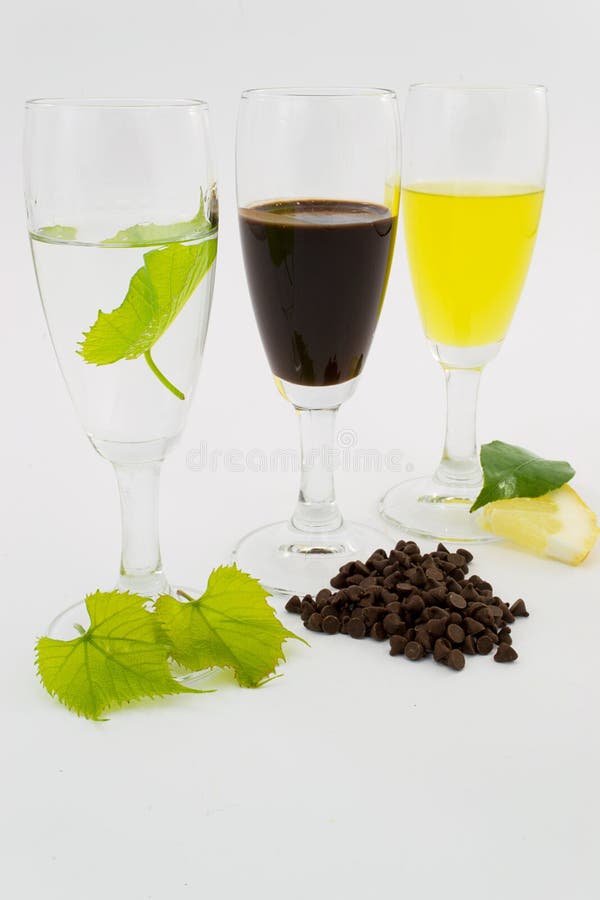 Tris Grappa Liquor, Chocolate and Limoncello Stock Photo Image of floute, liqueur 24609596