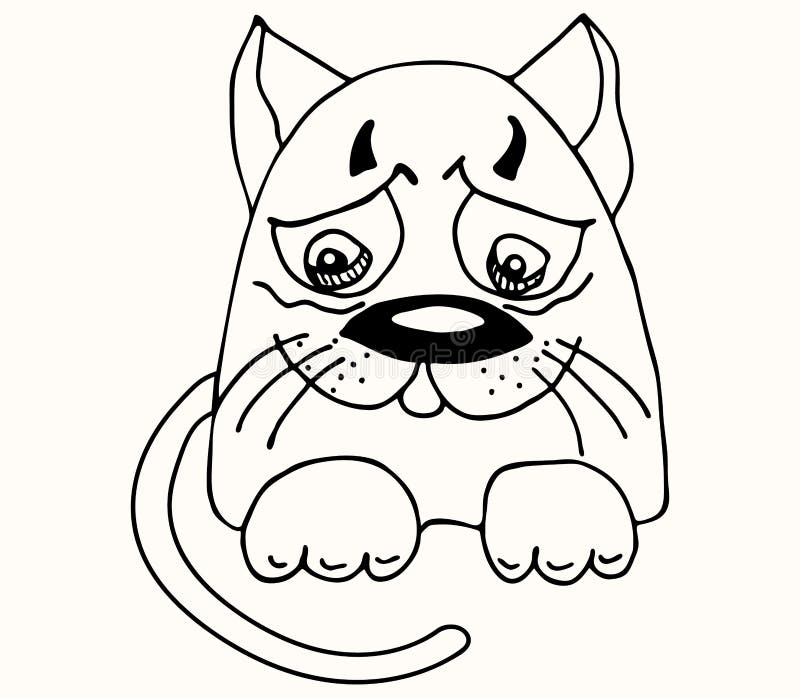  Triste Y Disgustado Personaje De Gato Dibujado Con Marcador. Personaje De Dibujos Animados Imitación De Un Dibujo De Niños Ilustración del Vector