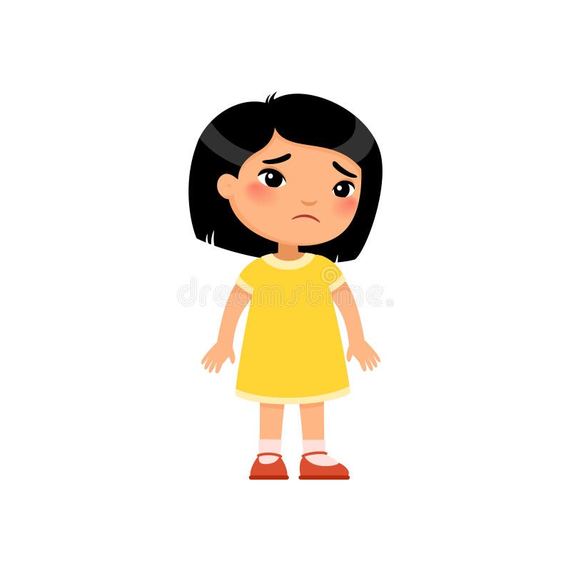 Tristezza, piccola ragazza asiatica, immagine di un vettore piatto. bambino sconvolto in piedi da solo personaggio dei cartoni ani