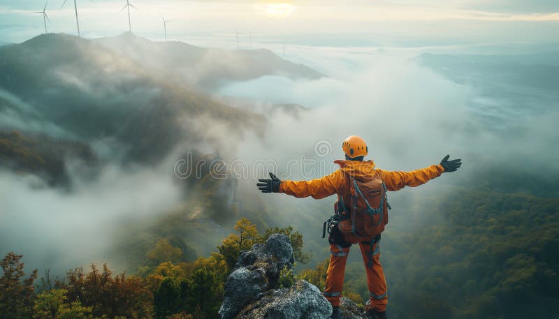 Triumphant Ascent Amidst Natureâ€™s Majesty: climber, adorned in vibrant gear, celebrates victory against backdrop of misty mountains and silhouetted wind turbines. Triumphant Ascent Amidst Natureâ€™s Majesty: climber, adorned in vibrant gear, celebrates victory against backdrop of misty mountains and silhouetted wind turbines