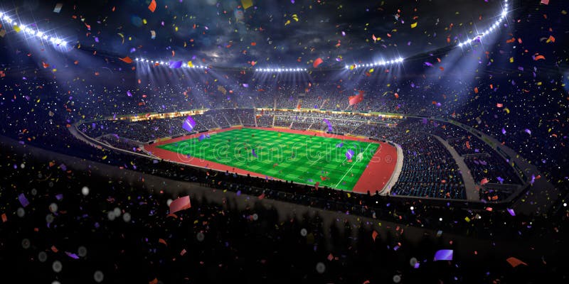 Triunfo del campeonato del campo de fútbol de la arena del estadio de la noche Tono azul imagen de archivo libre de regalías Triunfo del campeonato del campo de fútbol de la arena del estadio de la noche Tono azul imagen de archivo libre de regalías