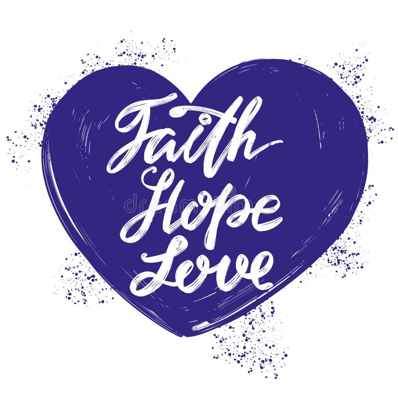 Tro hopp, älskar citationstecknet på bakgrunden av hjärtan, calligraphic textsymbol av drog vektorn för kristendomen handen