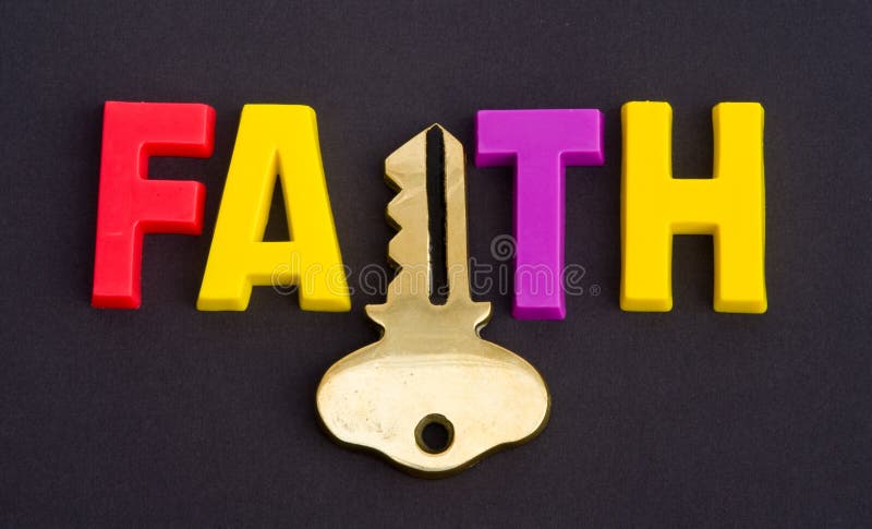 A macro image of the word faith in bold upper case letters where the letter 'i' has been replaced by a gold key. A concept image of how most religions require faith which transcends logic. A macro image of the word faith in bold upper case letters where the letter 'i' has been replaced by a gold key. A concept image of how most religions require faith which transcends logic.