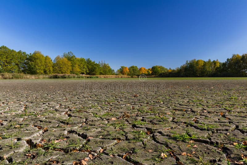 Trockener Teich knackte Erde mit Herbstblätterung und blauem Himmel Globales Klima und weniger Wasser lizenzfreies stockfoto