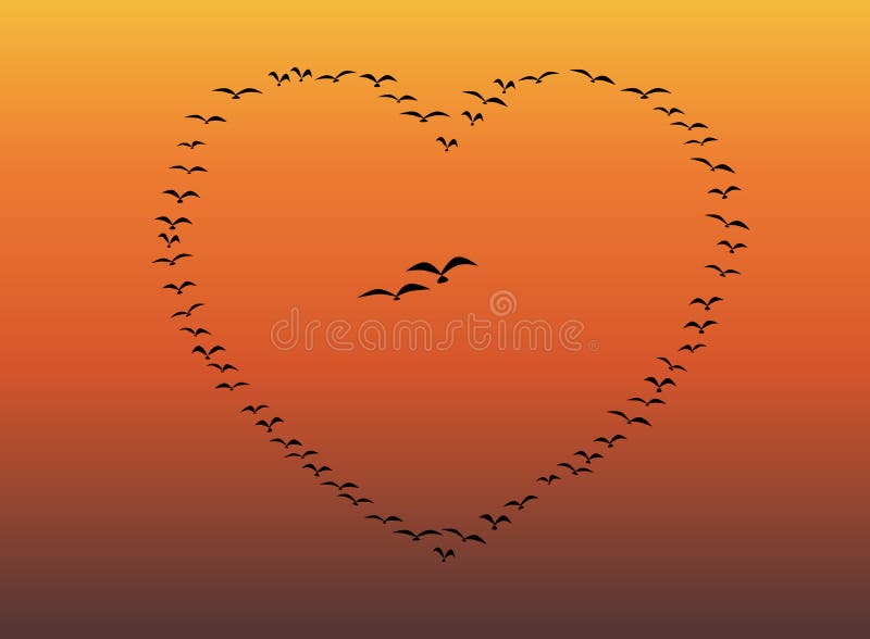 Troep van Vogels die Hartachtergrond vliegen stock illustratie Troep van Vogels die Hartachtergrond vliegen stock illustratie