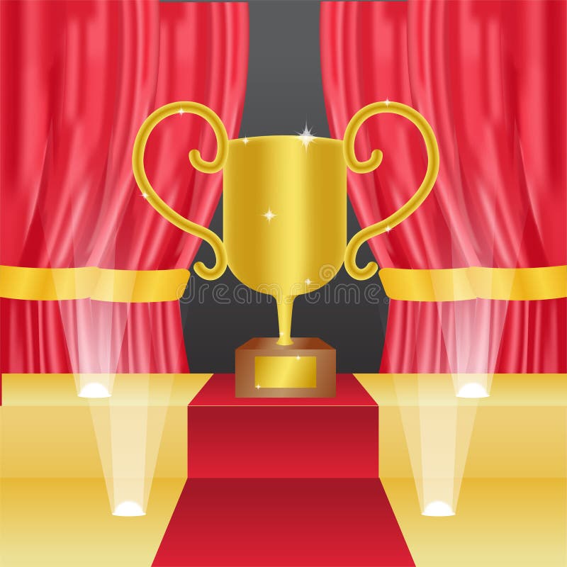Trofeo de oro para la plantilla del aviso que gana en la etapa con curtai rojo stock de ilustración Trofeo de oro para la plantilla del aviso que gana en la etapa con curtai rojo stock de ilustración