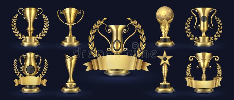 Trofeo de oro Premio realista del campeón, premios con formas del laurel, bandera del ganador de la competencia de los premios 3d