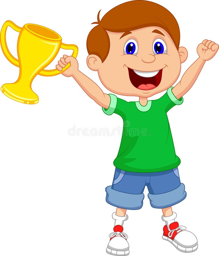 Trofeo dell'oro della tenuta del fumetto del ragazzo illustrazione di stock Trofeo dell'oro della tenuta del fumetto del ragazzo illustrazione di stock