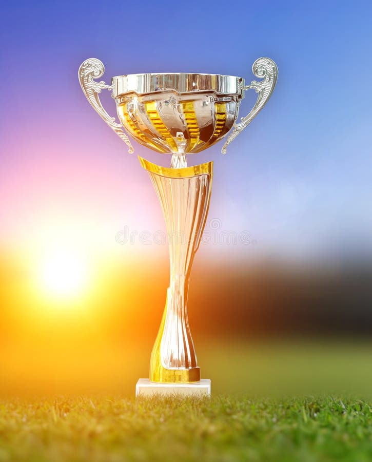 Trofeo dorato in erba fotografia stock libera da diritti